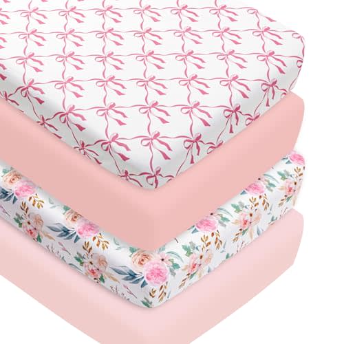 4 Pack Baby Girl Crib Sheets Fitted Pink Crib Sheet Portable Mattress Cover or Toddler Bed Sheets for Girls (Bow)