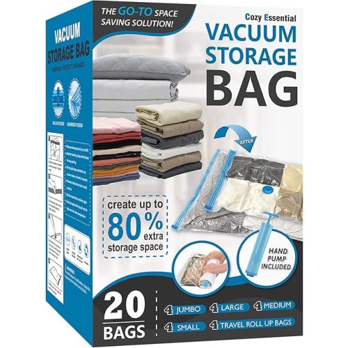 Cozy Essential 20 Pack Vacuum Storage Bags, Space Saver Bags (4 Jumbo/4 Large/4 Medium/4 Small/4 Roll) Compression for Comforters and Blankets, Pillow, Bedding, Sealer Clothes Storage