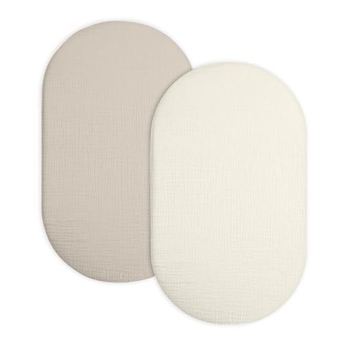 Bassinet Sheet for Baby Boy and Girl 2 Pack, Fitted Sheets for Rectangle, Oval, Hourglass Bassinet Mattress, Muslin Moses Basket Sheets with Neutral Style (Beige & Cream)