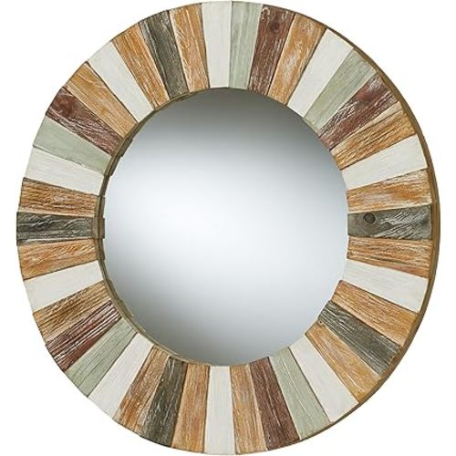 Touch of Class Sarita Fir Wood Plank Style Round Wall Mirror Multi Earth 27 in Diameter x 1.5 in deep