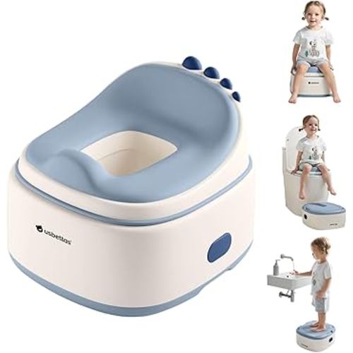 3 in 1 Potty Training Toilet, Dinosaur Toddler Potty Training Seat for Boys Girls with Comfortable Cushion, Easy-to-Clean and Anti-Slip Potty Training Step Stool for Toilet (Blue)