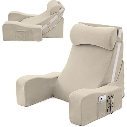 Sasttie Reading Pillow with Armrests, 15–25 Inch Adjustable Back Support Pillow for Bed Sitting Up, Memory Foam Back Rest Cushion Bed Chair for Reading, Gaming & Relaxing, Beige