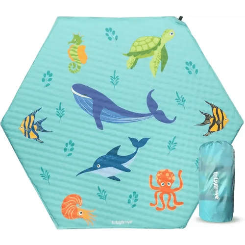 Self Inflating Hexagon Playpen Mat - 52" x 45" Non-Slip Cushioned Portable Play Area - Thick Soft Baby Play Mats for Floor - Easy Care Playmat for Infants and Toddlers - Baby Crawling Mat - Marina