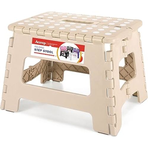 ACSTEP Folding Step Stool Lightweight Plastic Step Stool 9 Inch Foldable Step Stools Non Slip Folding Stools for Kitchen Bathroom Bedroom Khaki