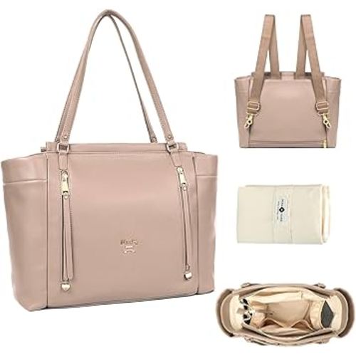 miss fong Diaper Bag Tote Leather Diaper Bag Backpack, Large Capacity Mommy Bag Hospital Bag, 12 Pockets Travel Diaper Tote with Changing Pad Pañaleras Para Bebe for Moms & Dad-Khaki