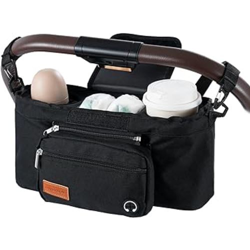 Baby Stroller Organizer with 2 Insulated Cup Holders,Universal Stroller Accessorie Organizer Non Slip Straps Stroller adjustable Shoulder Strap for Carrying Diape (Black)