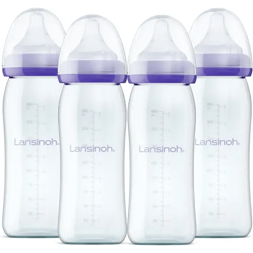 Lansinoh Anti-Colic Glass Baby Bottles, 8 Ounces, 4 Count Bottles for Feeding, Baby Essentials, Includes 4 Medium Flow Nipples, Size M