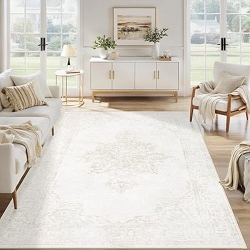 5x7 Area Rugs for Living Room, Washable Vintage Boho Rug Low Pile Soft Non Slip Rug Large Indoor Retro Carpet for Bedroom Dining Room Nursery Home Office (Beige, 5'x7')