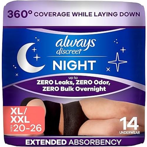 Always Discreet Night, Reimagined Adult Diapers for Women, Extended Overnight Absorbency Incontinence and Postpartum Underwear Size XL/XXL, 360 Degree Coverage While Laying Down, 14 Count​