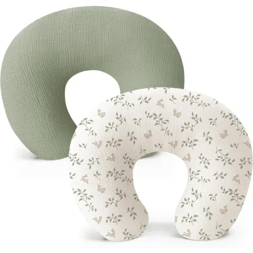 Konssy Muslin Nursing Pillow Covers, Soft and Cute Nursing Covers for Breastfeeding Pillows, Ideal for Newborn Baby Boys and Girls (Fog Green, Sprout) - 2 Pack