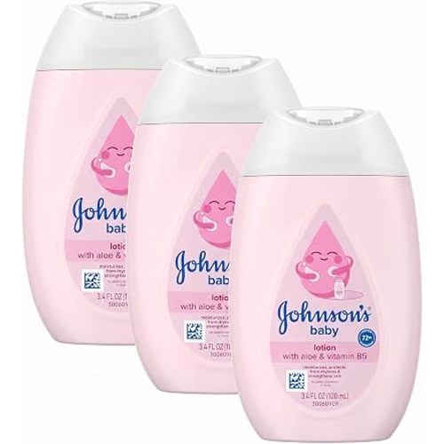 Johnson's Baby Lotion with Coconut Oil,Aloe Vera & Vitamin B5,72 HR Hydration,Skin Moisturizer,Hypoallergenic,Newborn Safe,Protects From Dryness&Strengthens Skin,Baby Essentials, 3.4 fl.oz (Pack of 3)