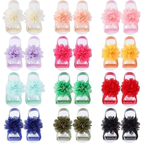 Cinaci 12 Pairs 2.8" Solid Colorful Chiffon Flower Barefoot Sandals Elastic Ribbon Strap String Soleless Footless Shoes Floral Bows Feet Wraps Accessories for Baby Girls Newborns Infants Toddlers Kids