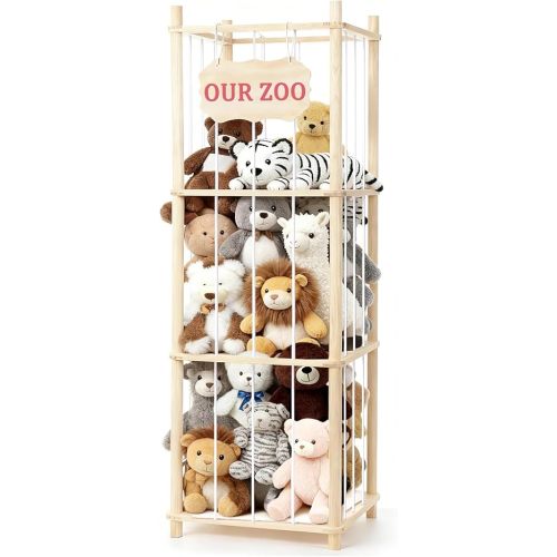 Stuffed Animal Storage & Organizer, Wooden Large Capacity Stuffed Animal Zoo with Elastic Cords, Sturdy Space-Saving Plushie Toy Shelf Cage Tower for Bedroom Playroom Nursery 54 in, Easy to Install