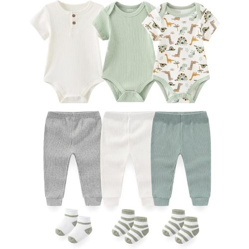 Baby Layette Gift Set 9-Piece Baby Bodysuits and Pant Socks Set Infant Boy Girl Clothes Outfits