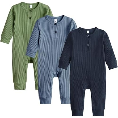 Bafeicao Baby Boy Girl 3 Pack Solid Romper Ribbed Long Sleeve