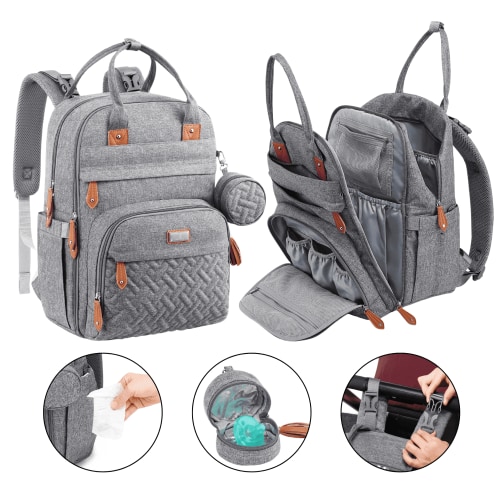 BabbleRoo Baby Diaper Bag Backpack for Dads, Waterproof Travel Bag for Newborns, Toddlers, Unisex, Light Gray
