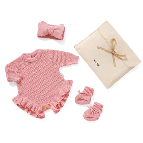 Avibae Cotton Newborns Set with Knit Sweater, Hair Band, Booties for Baby Girls, Warm Cute Infant 3 Piece Set