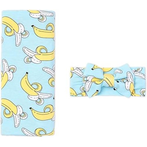 Little Sleepies Swaddle & Headband Bow Set, Viscose from Bamboo Baby Swaddles, Newborn Baby Girl Clothes (Bananas)
