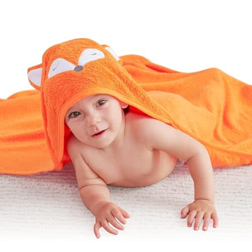 Touchat Hooded Baby Towels, Soft and Hypoallergenic Baby Bath Towels with Hood for Toddler Infant Newborn, Large and Absorbent Toddler Towels for Baby Boy Girl (Fox Kit, 35.1''x35.1'')