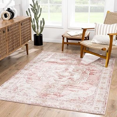 BoutiqueRugs Blush & Light Pink Collection Kandos Bohemian Oriental Medallion Area Rug - Traditional Floral Carpet for Living Room, Bedroom - Blush, Dusty Pink, Cream - 5'3" Square