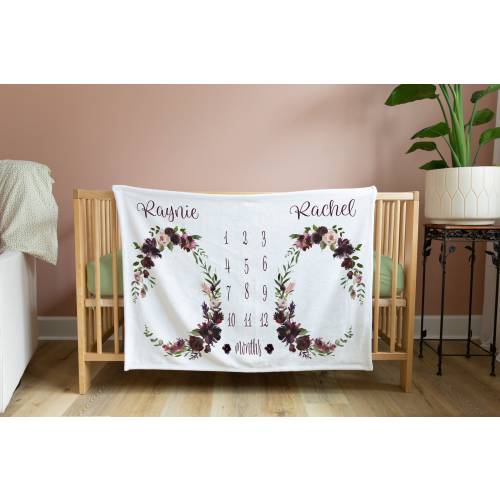 Twin Milestone Blanket, Photo Blanket Customized, Personalized Baby Blanket Girl, Floral Milestone Blanket, Twin Baby Shower Gift, Month