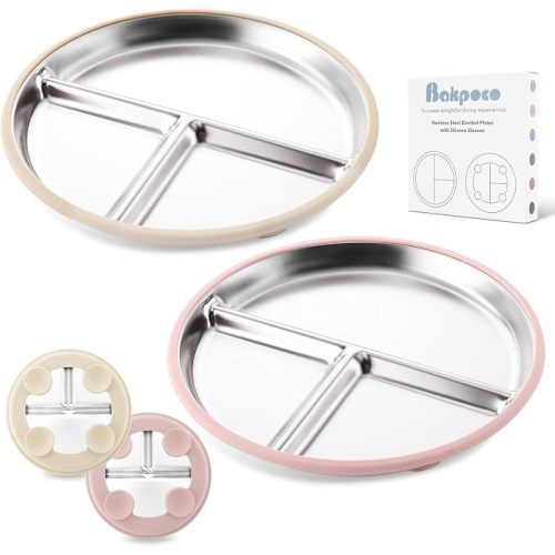 Stainless Steel Suction Plates for Toddlers, 9" Divided Kids Baby Plates with Removable Silicone Suction 3 Pack, Pink Beige Lilac