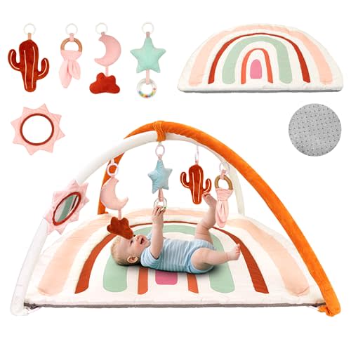 Baby Play Gym & Washable Activity Mat, Non Slip Bottom Tummy Time Mat with 5 Detachable Sensory Toys for Motor Skills, Newborn Infant Baby Essentials Shower Gift(Rainbow)