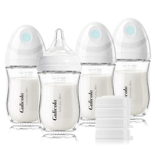 Gulicola Natural Glass Baby Bottle 4 Pack, Newborn Breastfeeding Bottles Set, Extra Slow Flow Nipples (SS), Anti Colic, 0 Months+, 5 oz - White