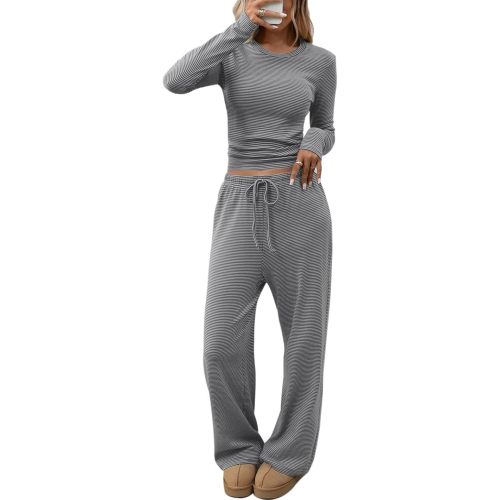 CHYRII Womens Two Piece Sets Fall Fashion Striped Long Sleeve Tops Wide Leg Palazzo Pants Outfits Loung Sets