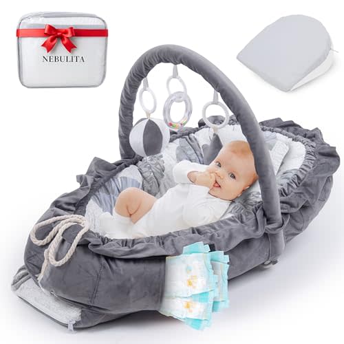Newborn Lounger Leaf Gray - Flexible & Portable w/Infant Support Cushion, Soft & Breathable 100% Cotton - Multi-Use Supervised Baby Lounger for Floor, Travel, Changing Mat Alternative - Premium