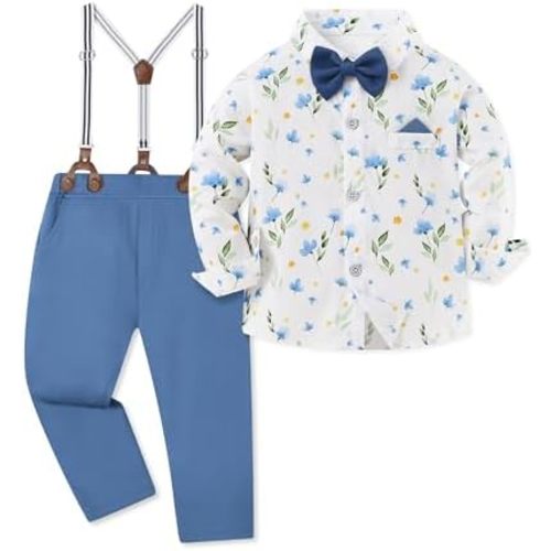 Toddler Baby Boy Clothes Suit 12M-7Y Boys Wedding Formal Outfit, Dress Shirt+Bowtie+Suspender Pants Gentleman Outfits