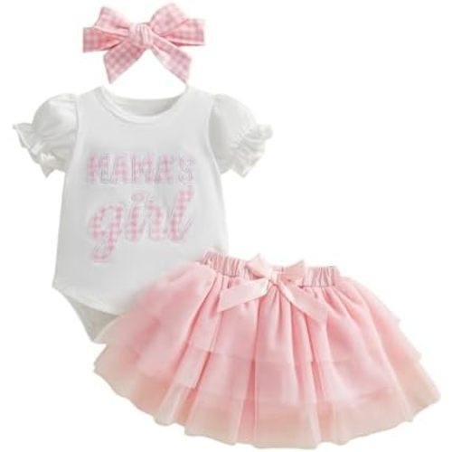 Mamas Girl Baby Girl Outfit Newborn Summer Clothes Infant Bubble Sleeve Romper & Tutu Skirt Set with Bow Headband