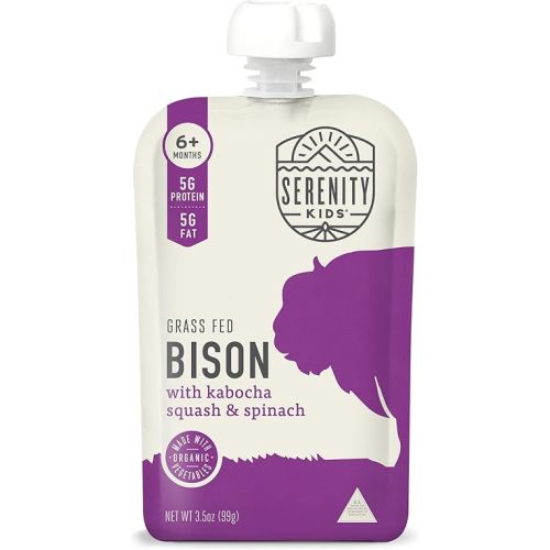 Serenity Kids 6+ Months Baby Food Pouches - 5g Protein-Packed Baby Snacks & Puree Pouches - Organic Squash & Spinach Vegetable Blend - Grass-Fed Bison Puree for Toddlers - 3.5 Oz, Pack of 6