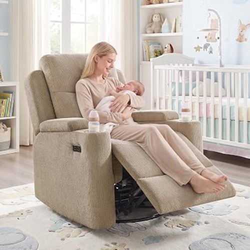 Oversized Nursery Glider Rocking Chair, 270° Swivel Glider Recliner Chair with USB & Type-C Ports, Cup Holders & Armrest Storage, Soft Chenille Nursery Chair for Living Room, Bedroom