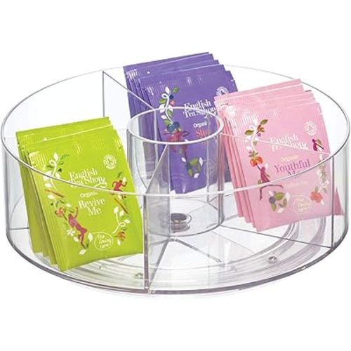 iDesign Cabinet Binz Divided Rotating Turntable Tea Packet Organizer, 9" x 9" x 3.01", Clear