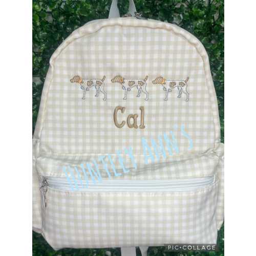 Boy Gingham Backpack Khaki Full Size Nylon book bag Pointer Monogrammed Tan Spaniel Personalized Diaper Bag light brown checked hunting dog