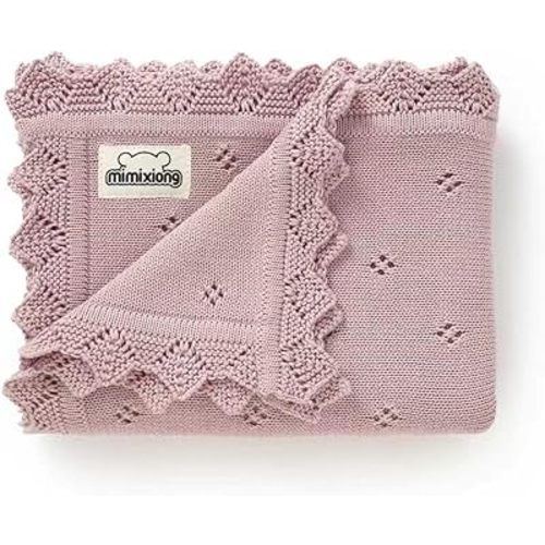 mimixiong Cotton Baby Blanket Knitted Crochet Receiving Crib Nursery Swaddling Blankets for Newborn Baby Boy Girl with The Bunny Rattle (Dreamy Lilac)