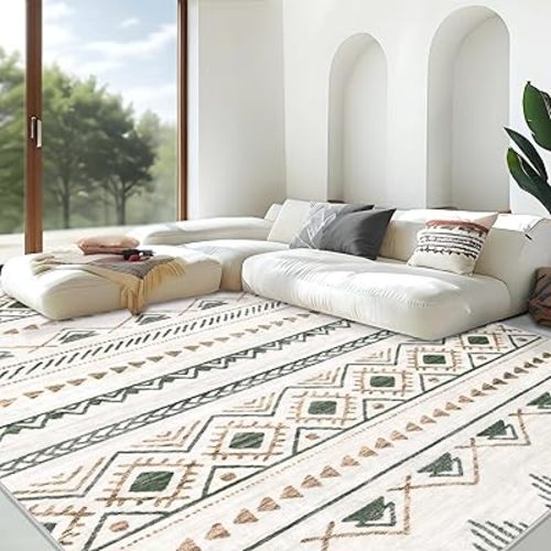 Area Rug for Living Room 10x14: Large Washable Boho Moroccan Rugs Geometric Neutral Rug, Non-Slip Foldable Morden Farmhouse Indoor Floor Carpet for Bedroom Dining Room Home Office（Brown Green,10'x14'）