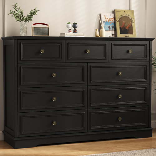 IDEALSOUL Black Dresser, 9 Drawer Dresser with Round Metal Handle, 47.2" Retro Wood Storage Cabinet with 6 large drawer and 2 Small drawer for Living Room, Bedroom, Hallway