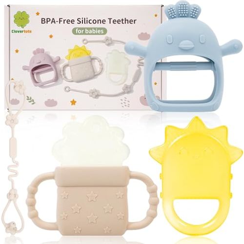Newborn Gift Set, Silicone Teething Toys – Chick Hand Teether, Freezable Water-Filled Sun & Cloud Teethers, Soothing Sore Gums Teether with Anti-Drop Clip for Baby Boys Girls 0-12 Months - Blue