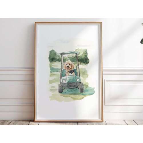 Goldendoodle golf print, Green Golf Cart with Dog Print, Golf nursery Wall Art, Doodle Dog Playing Golf, Goldendoodle print, Digital, P #47