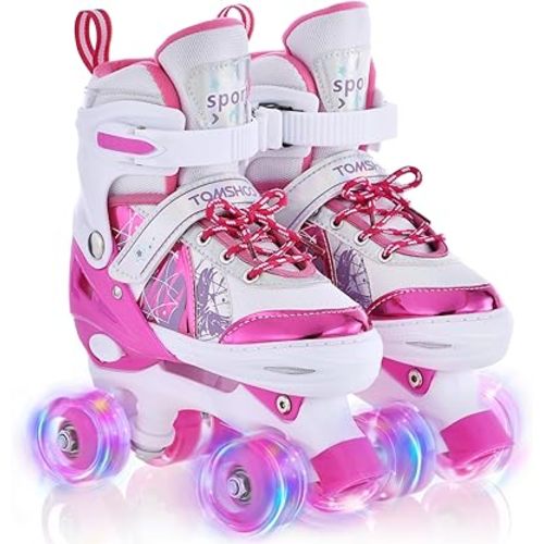 TOMSHOO Roller Skates for Girls Kids Child Beginners, 4 Size Adjustable Light up Wheels Fun Illuminating Purple Pink Skates for Boys Toddlers Patines para niñas