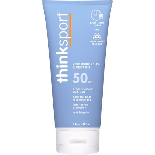 Thinksport SPF 50+ Mineral Sunscreen with Zinc Oxide, 6 Fl Oz – Safe, Natural Sunscreen Lotion for Sports & Active Use, Water Resistant Reef Safe, Broad Spectrum UVA/UVB Sun Screen for Sun Protection