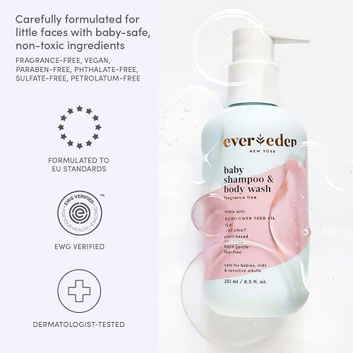 Evereden Baby Shampoo & Body Wash 2-in-1, 8.5 fl oz | Gentle, Non-Toxic, Fragrance-Free, Hydrating Formula for Sensitive Skin (Pack of 2)