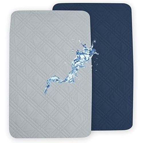 david's kids 2 Pack Waterproof Mini Crib Mattress Protector, Fit Pack N Play, Playard and Mini Crib Mattresses, Ultra Soft Breathable Pad Cover for Boys Girls Neutral, Grey & Navy Blue
