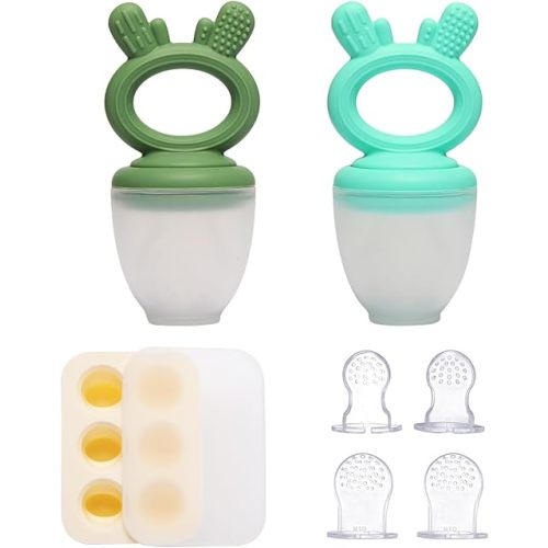 Baby Fruit Food Feeder Pacifier 2 Pack with Mini Freezer Tray, Breastmilk Popsicle Molds for Teething Relief, BPA Free Silicone Mesh Feeder for Safe Infant Self Feeding, Extra 4 Food Pouches