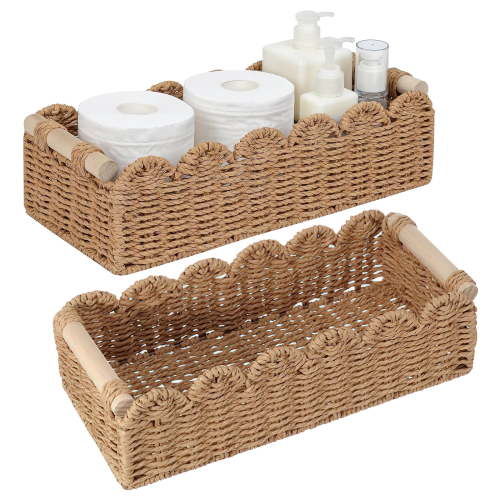 Woven Storage Basket Handmade, Paper Rope Toilet Paper Basket with Wooden Handles, Neutral Decorative Wicker Storage Organiser for Living Room, Home, Bathroom, Large
