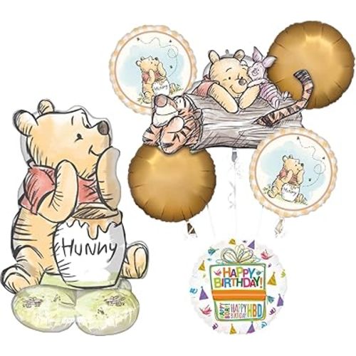 Anagram Classic Pooh Birthday Party Supplies 7pc Balloon Bouquet Decorations with Airloonz