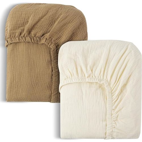 FHMJYH Muslin Crib Sheets 2 Pack 100% Cotton Sheets for Standard Crib Sheets & Toddler Sheets Baby Unisex Girls Boys Crib Sheets 28x52 Inch Soft Cotton Sheets Breathable Crib Sheets Bohemian - Coffee Cream