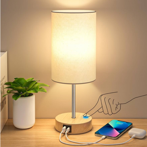 AKASUKI Table Lamp for Bedroom, 3 Way Dimmable Touch Lamp with Dual Charging Station, Small Bedside Lamps for Night Stands, Living Room, Office(LED Bulb Included)